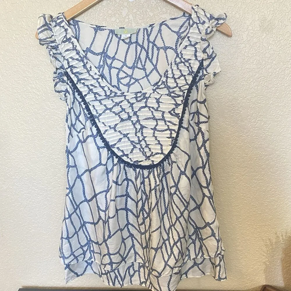 Lil 100% Silk Womens Flutter Sleeve Blouse Blue White Nautical Rope Net Print 10